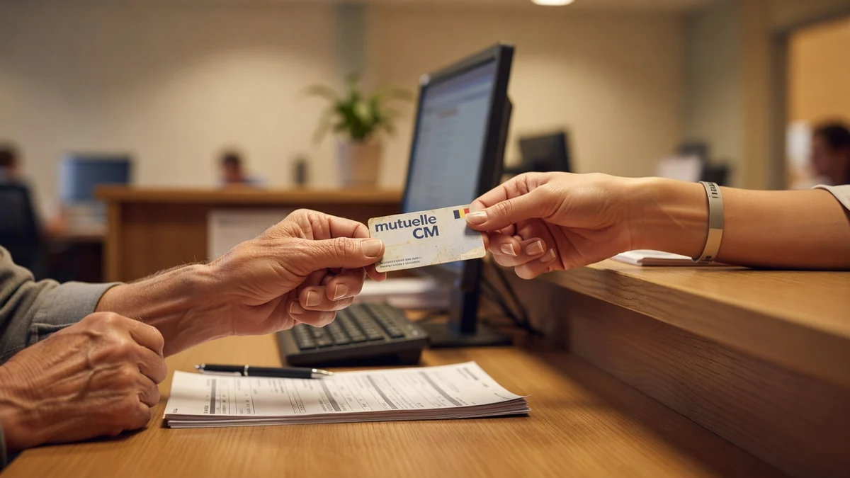 Patient senior présentant sa carte mutualité à l'admission hospitalière