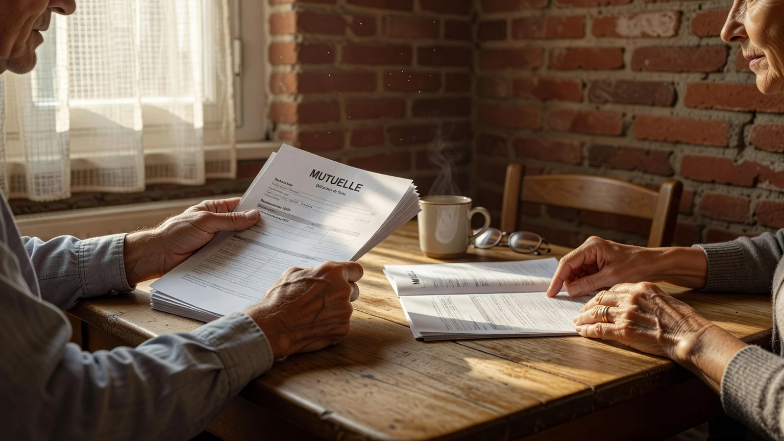 Couple senior belge examinant ses options d'assurance hospitalisation à domicile