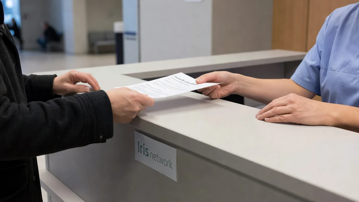 Comptoir d'admission dans un hôpital bruxellois — patient avec attestation mutuelle